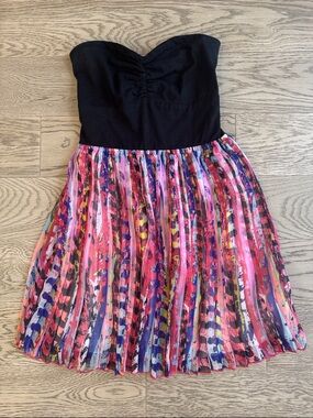 ROXY Black Strapless Dress with Pink Multicolor Flowy Pleated Skirt